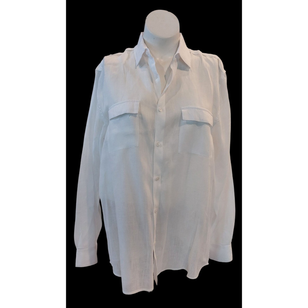 CALVIN KLEIN Shirt‎ Women's 100% Linen Long Sleeve Pockets White Large Lagenlook